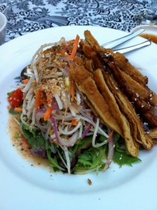 Quinoa noodle salad with crispy tofu that tastes like chicken. Weird but true